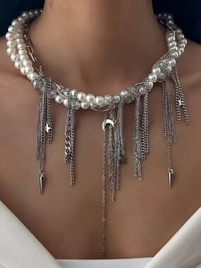 Macy's White Pearl & Silver Fringe Statement Collar Necklace